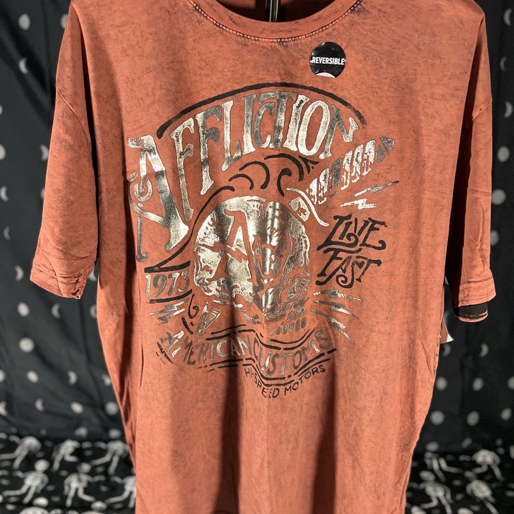 Affliction Reversible Graphic Tee in Rust/Black with Silver Accents
